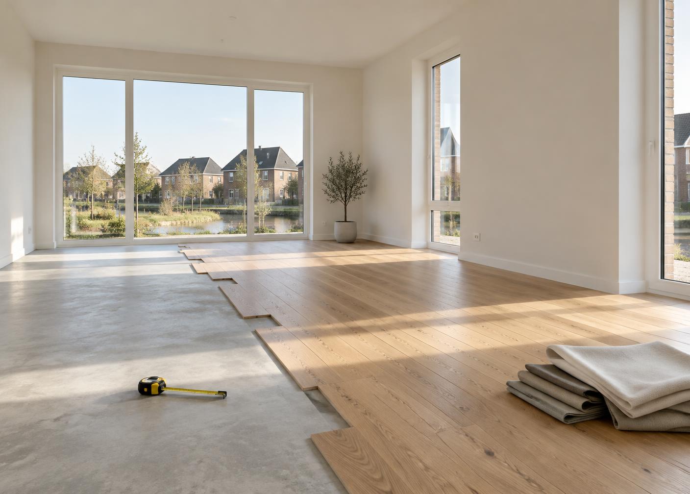 Nieuwbouwwoning waarin een houten vloer wordt gelegd op een zandcementvloer