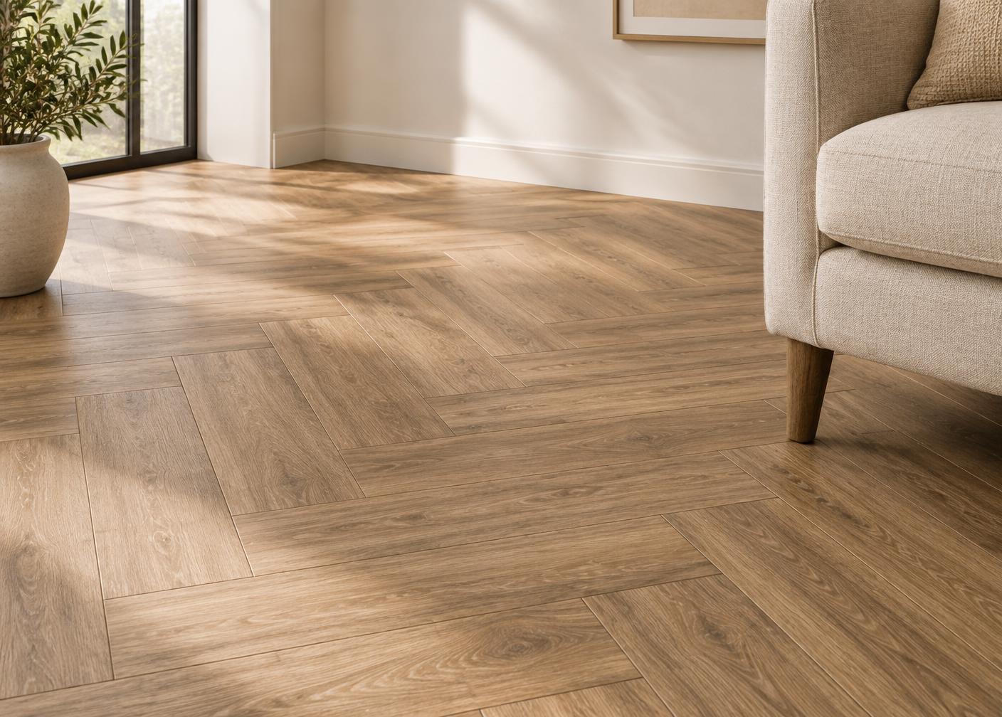 Eiken PVC visgraatvloer in een lichte woonkamer